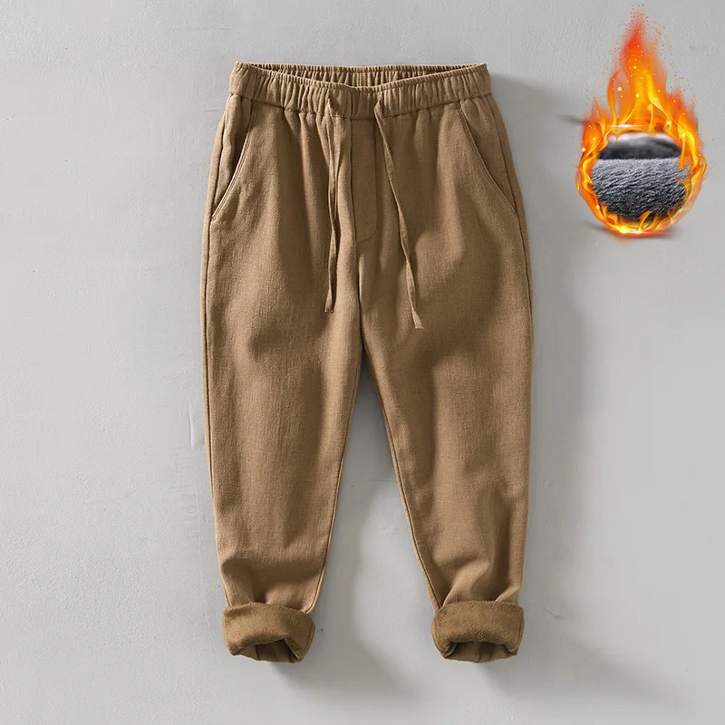 

Fce Lined Elastic Waist Warm Linen Straight Leg Casual Cotton Pants Men Retro Loose Thiened Dstring Ankle Cotton