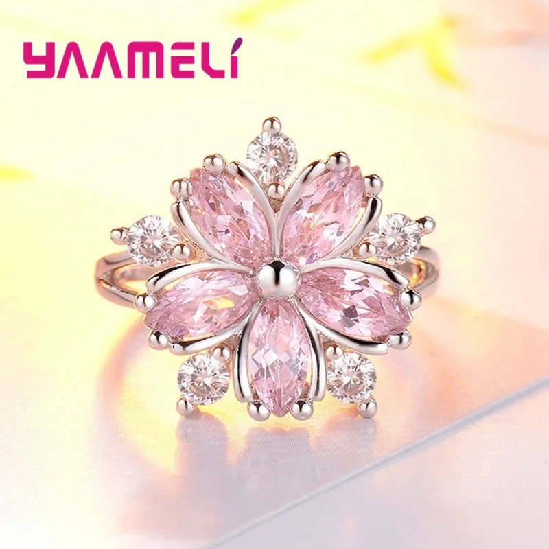 Women Ring 925 Sterling Silver Garden Flower Ring for Birthday Valentine's Day Gift Jewelry Shiny Rhinestone Zicon Bague Bijou