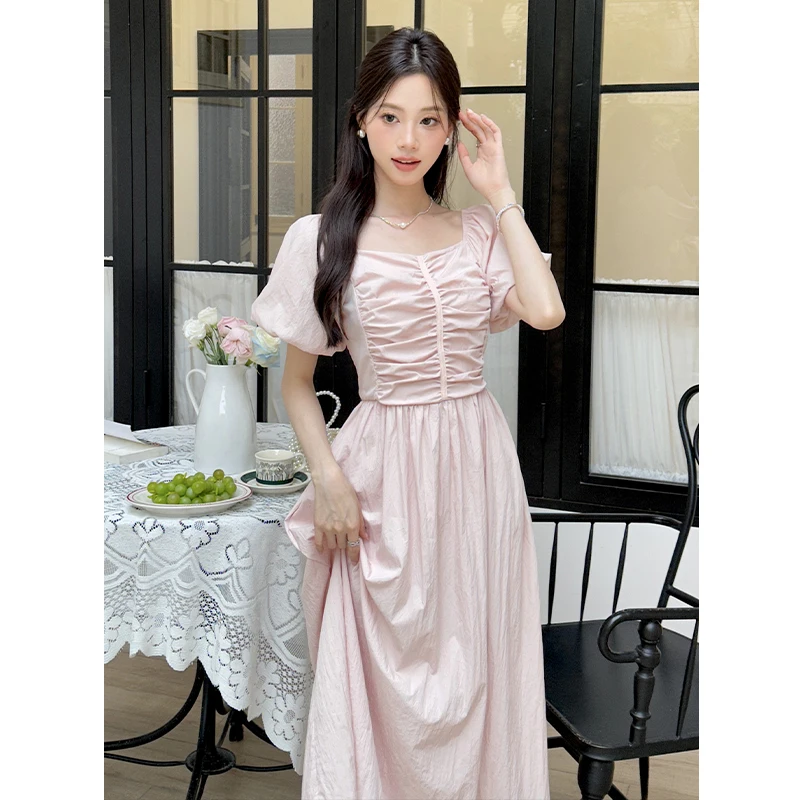 

2024 New French Gentle Style Sweet Elegant Dress Women's Summer Square Neck Puff Sleeve Pleated Slim Fit A-line Chiffon Dress