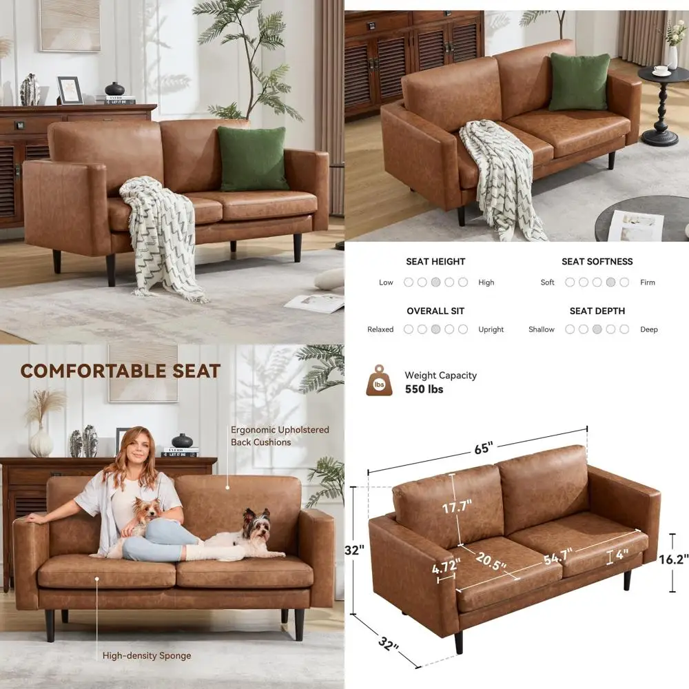 أريكة بمقعدين حديثة من الجلد الصناعي في منتصف القرن مع إطار خشبي صلب لغرفة المعيشة وغرفة النوم