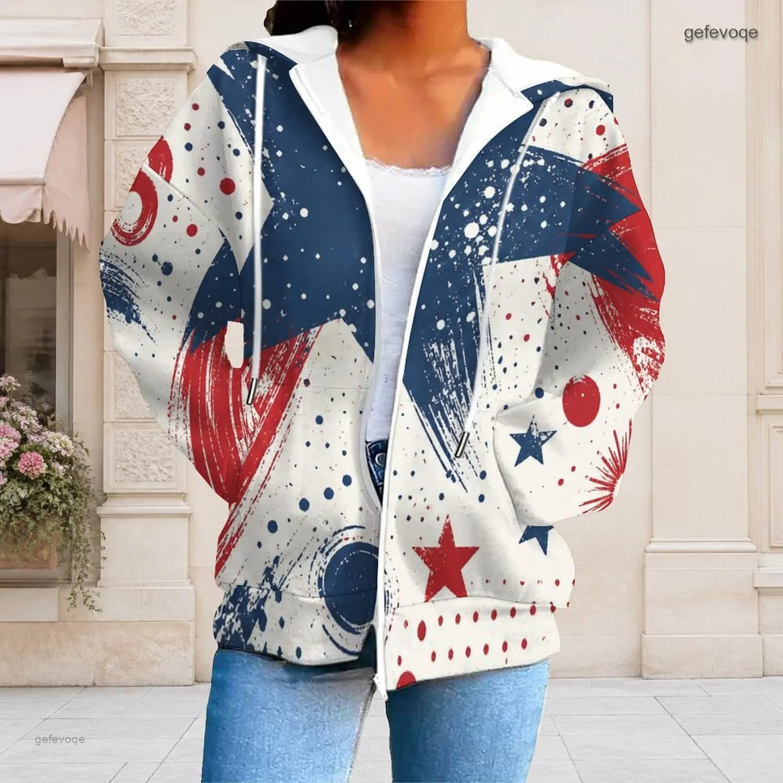 Women Red White Blue Star Splatter Printed Zip Up Long Sleeve Hoodie with Drawstring Hood and Pockets