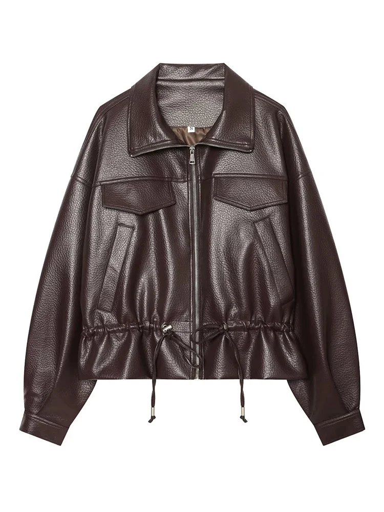 New Women Spring Autumn Chic Burgundy Faux Leather Jacket Lapel Collar Zip Up Drawstring Waist Long Sleeve Cropped For Walking
