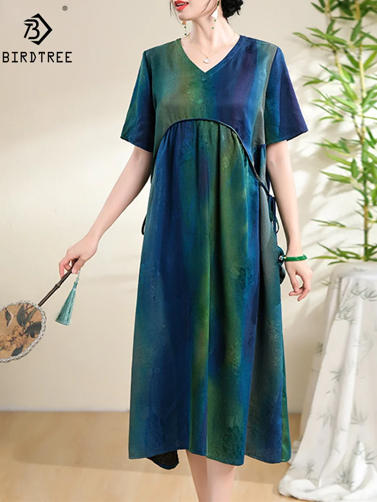 

BirdTree 100%Mulberry Silk Retro Dresses, Women's XiangYunSha Tie Dye, Elegant Loose Large Mom Dress, 2024 Summer New D44434QM