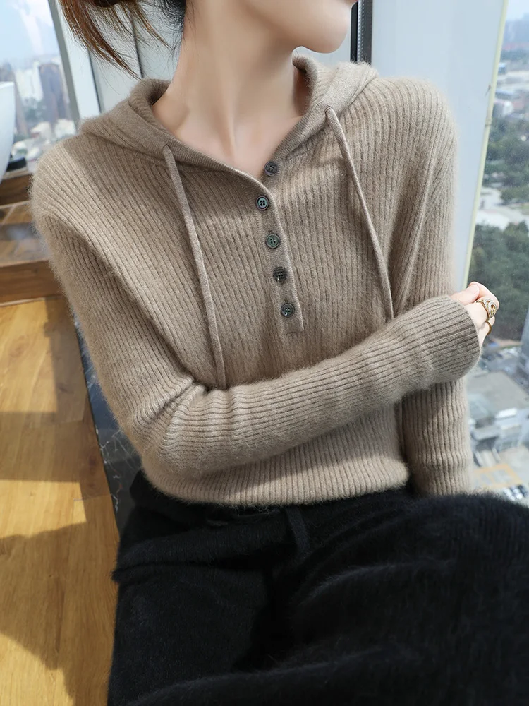 Autumn and winter new women's clothing 100% mink cashmere knitted hooded pullover casual loose warm Korean style tops