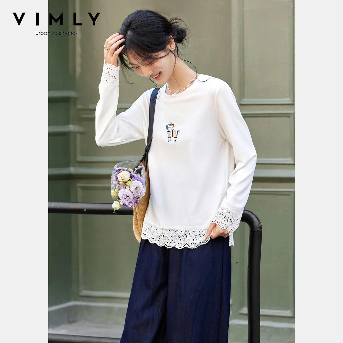 

Vimly Long Sleeves T-Shirt for Women 2025 Autumn New Cute Pony Embroidery Hollow Out Hem Tees Versatile Knitwear Tops A2229