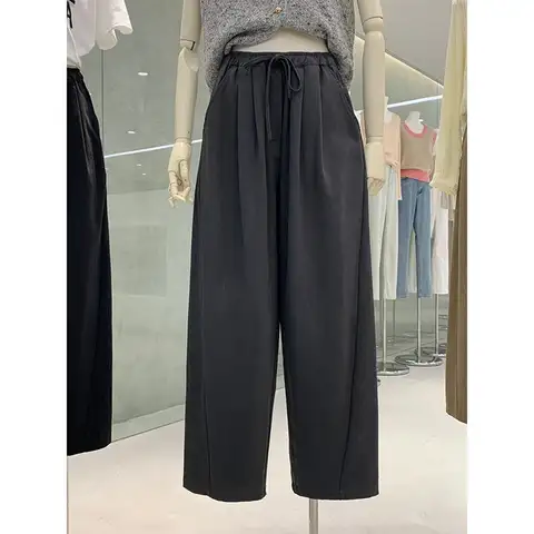 Pantalon taille haute à jambes larges et droites pour femmes, ample, à lacets, taille élastique, décontracté, printemps et automne