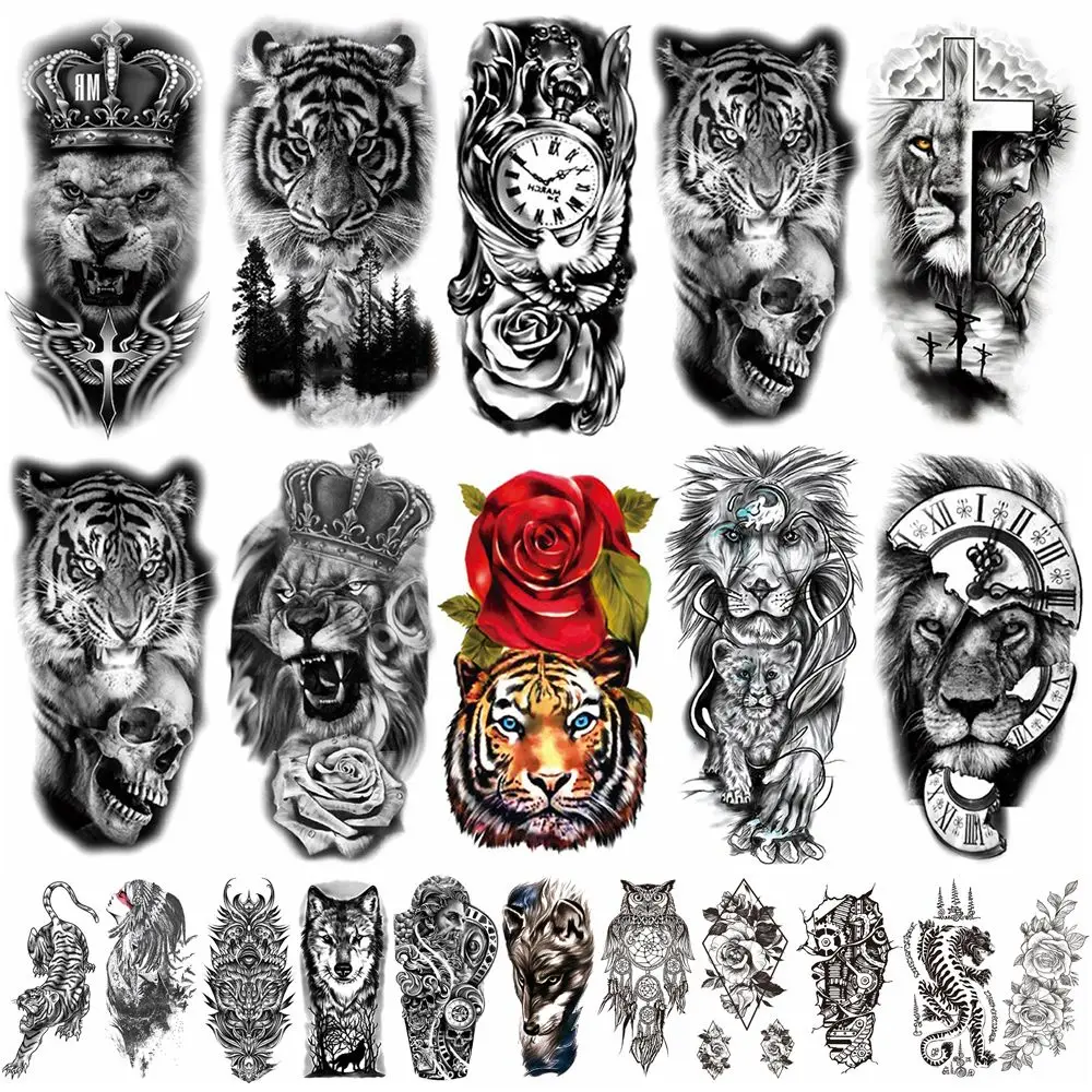 Large Tribal Lion Flower Skull Long-lasting Fake Tattoo Stickers Temporary Tattoos Tattoo Sleeve Black Tattoo Sticker