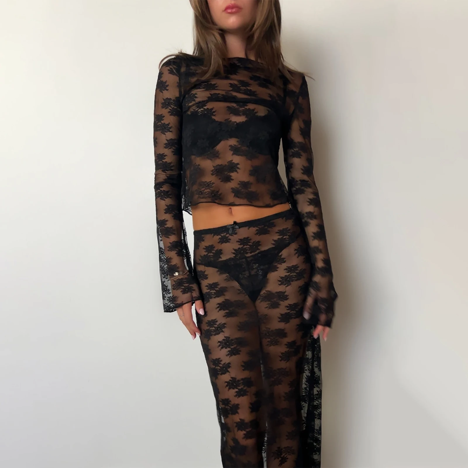 

Women Sheer Long Sleeve Crop Tops Leaf Print Lace Basic Shirt Casual Pullovers for Club Streetwear Aesthetic Clothes