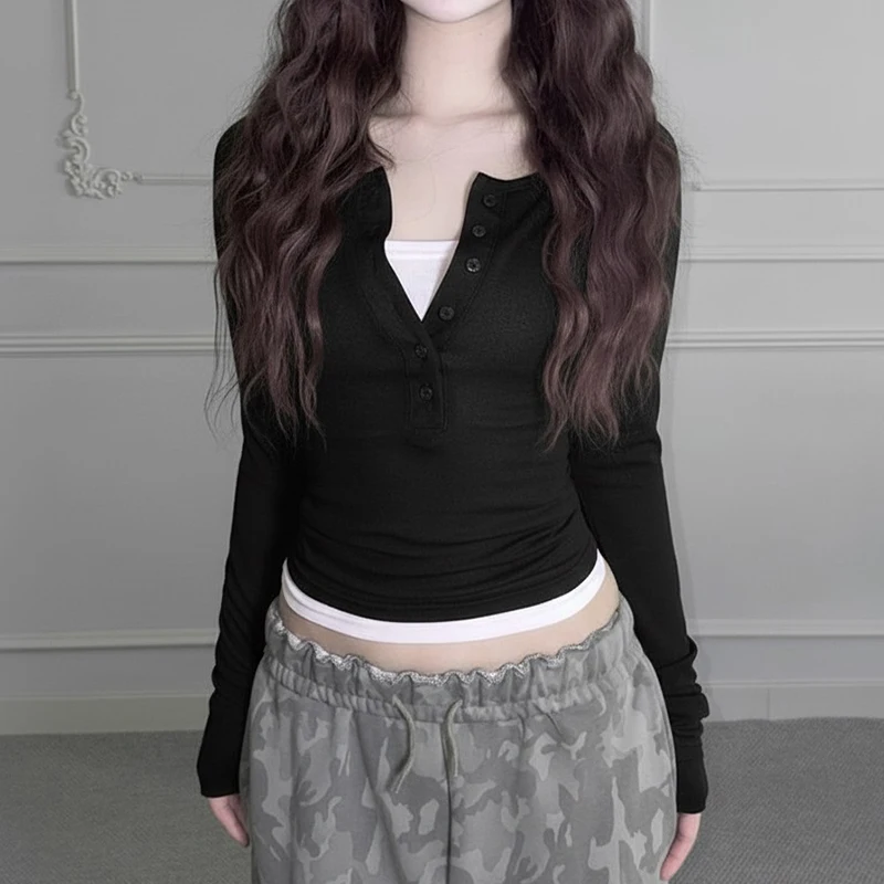 Frauen Kontrast Farbe Langarm Tops Ästhetische Slim Fit Gefälschte Zwei-Stück Halb Button-up Rundhals Frühling herbst Shirts Clubwear