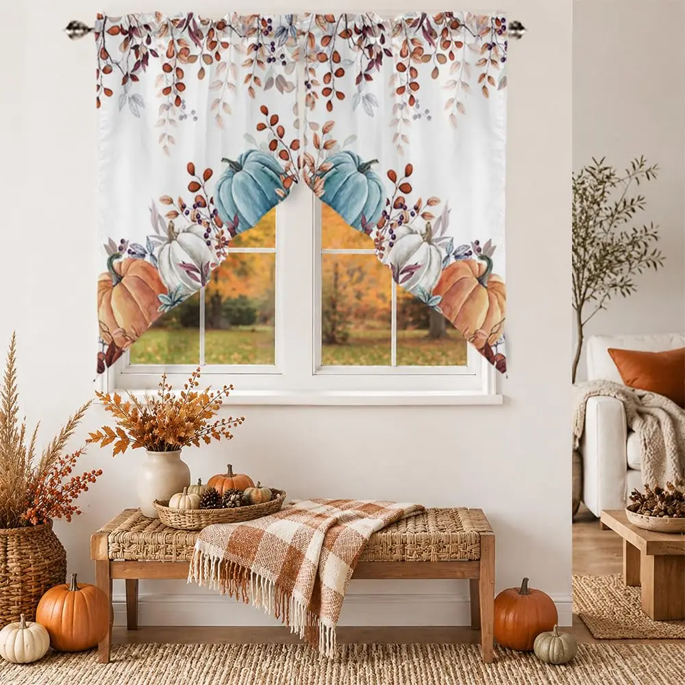  2Pcs Fall Swag Kitchen Curtain Valance Blue Pumpkin Window Treatments Thanksgiving  Curtains for Living Room Bedroom Decor