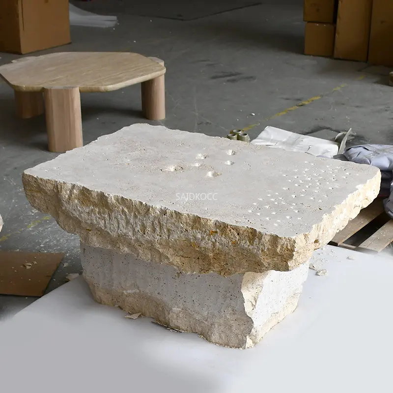 Medieval Retro Rural Countryside style Travertine living room furniture low Rectangle coffee tables natural marble