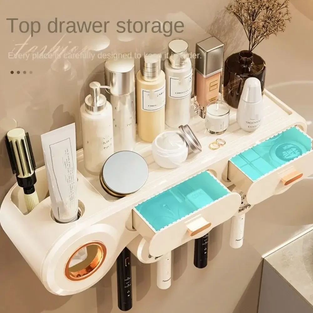 

Wall Mount Toothbrush Storage Rack 4 Person Non Perforated Toothpaste Shelf Space Saving Rust-proof Bathroom Storage Shelf