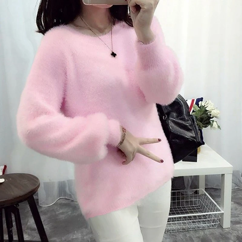 Jesień Zima Imitate Mink Wool Hot Flecing Sweet Y2K Korean O-neck Bishop Sleeve Sweater Women Knitted Tops Pullovers Solid