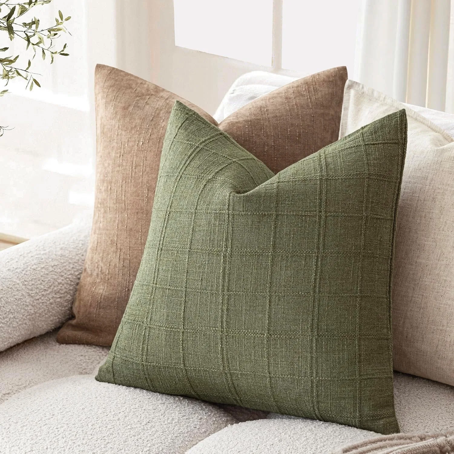 Vintage Linen Check Decorative Pillow Covers Living Room Sofa Bedroom  Cushions  Covers  Sage Green 45X45CM Pillow Covers