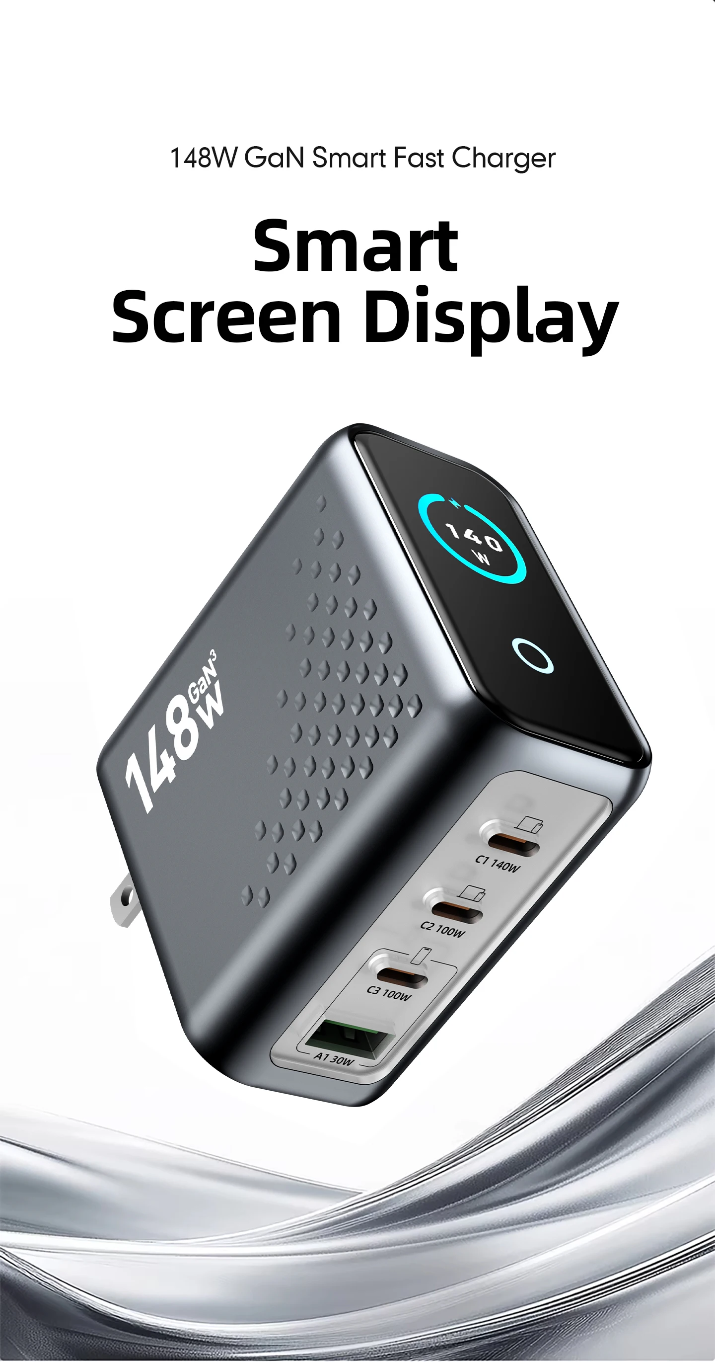 148W GaN Wandmontiertes Multi-Port-Ladegerät mit Display, 4 USB-C und 1 USB-A Schnellladeadapter für Handys und Tablets – Detail 4