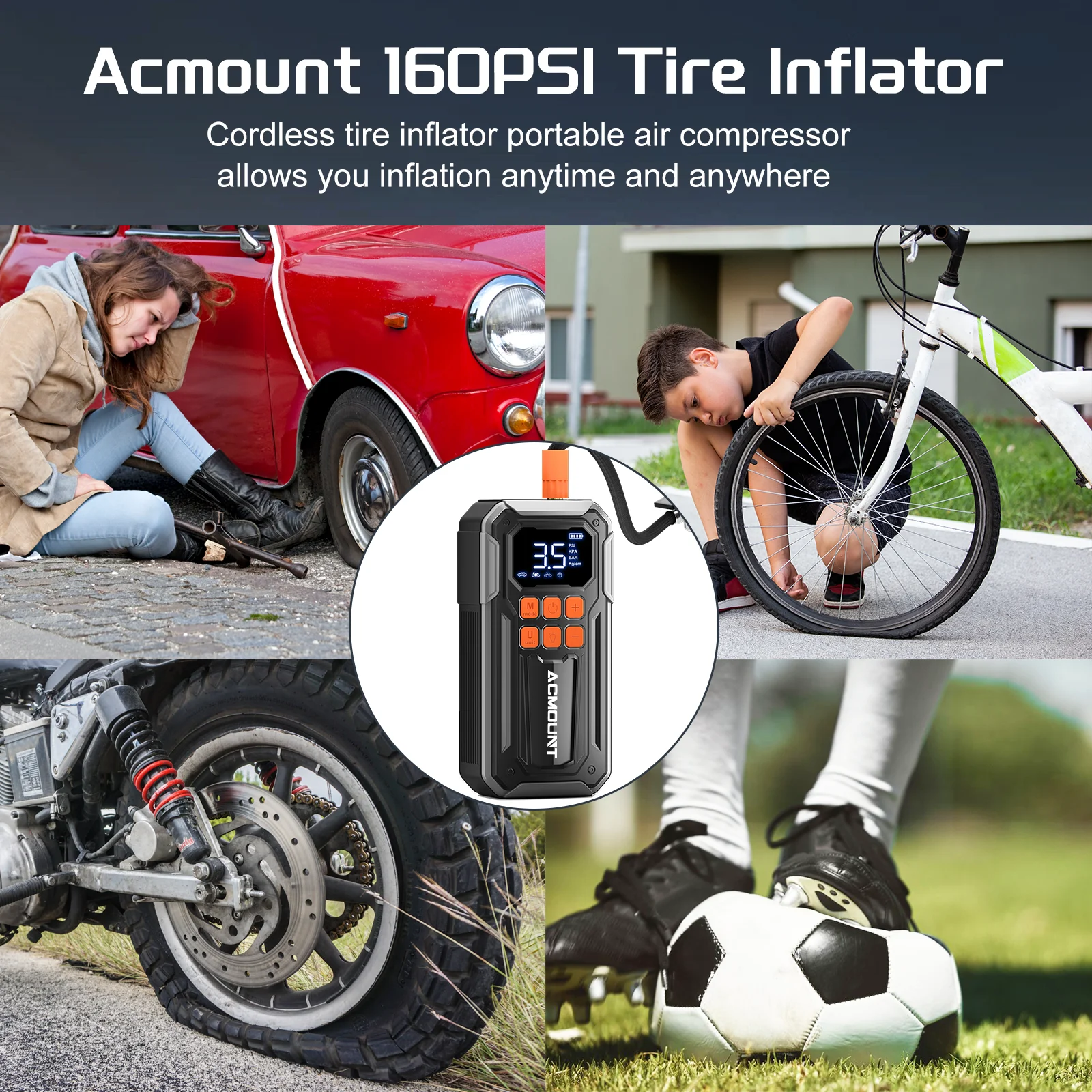 ACMOUNT 160PSI Portable Tire Inflator, 3× Faster Cordless Air Pump with Digital Gauge & LED Light for Car,Bike,Motorcycle,Ball