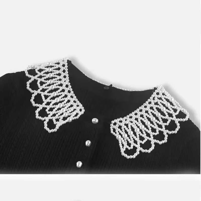 Black Mid Long Knitted Dress Pearl Peter Pan Collar A Line Skirts Long Sleeve Elegant Party Dresses Spring New Women's Clothing