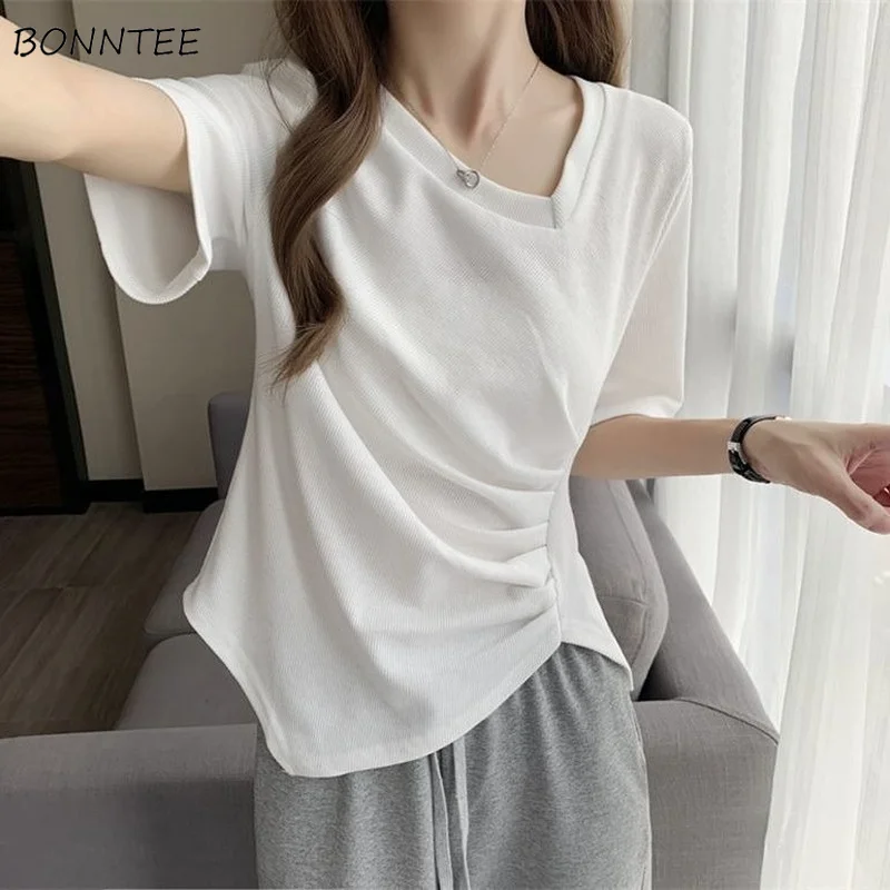 

Short Sleeve T-shirts Women M-4XL Irregular Folds Solid Females Summer All-match Design Harajuku Tops Mujer Ropa College Trendy