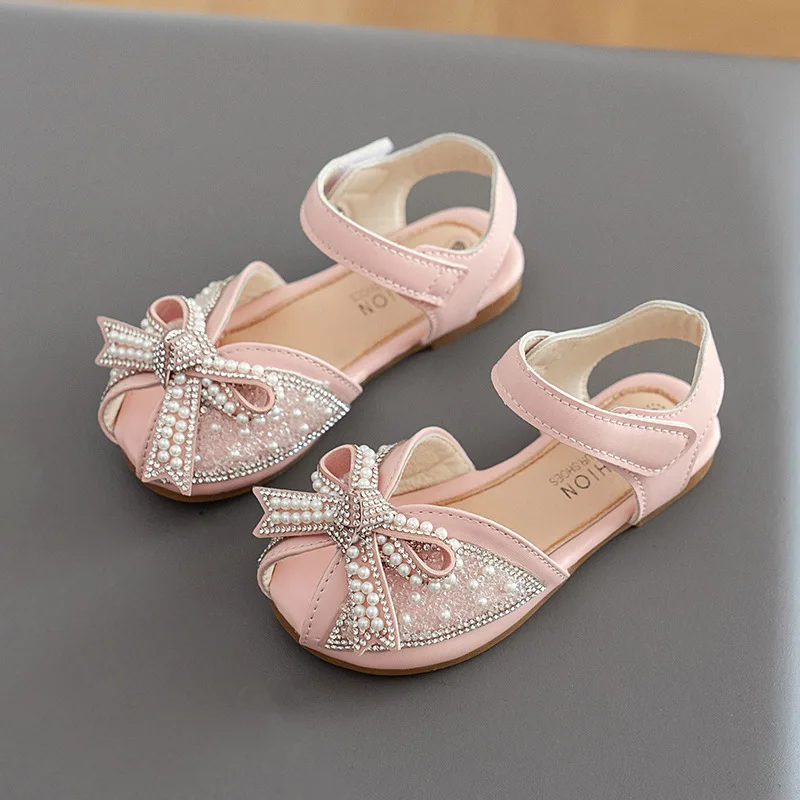 Girl Sandals Summer Sweet Pearl Bowtie Kids Princess Wedding Dress Shoes Fashion Elegant Children Causal Flat Sandals Hook Loop