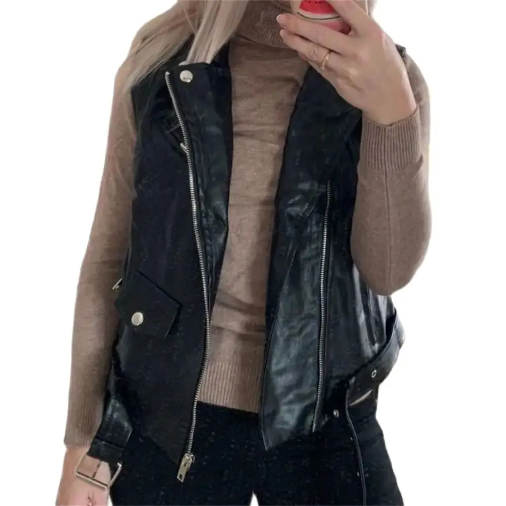 Women's Black Faux Leather Motorcycle Vests Waistcoats with Belt Female Street Zipper PU Sleeveless Jacket Gilet Tops High Quali