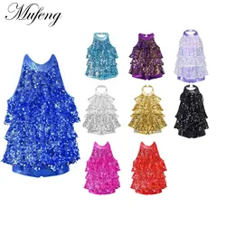 Teen Girls Modern Jazz Dance Costumes Stage Kids Halter Shiny Sequins Latin Salsa Samba Rumba Ballet Dance Shorty Unitard Dress