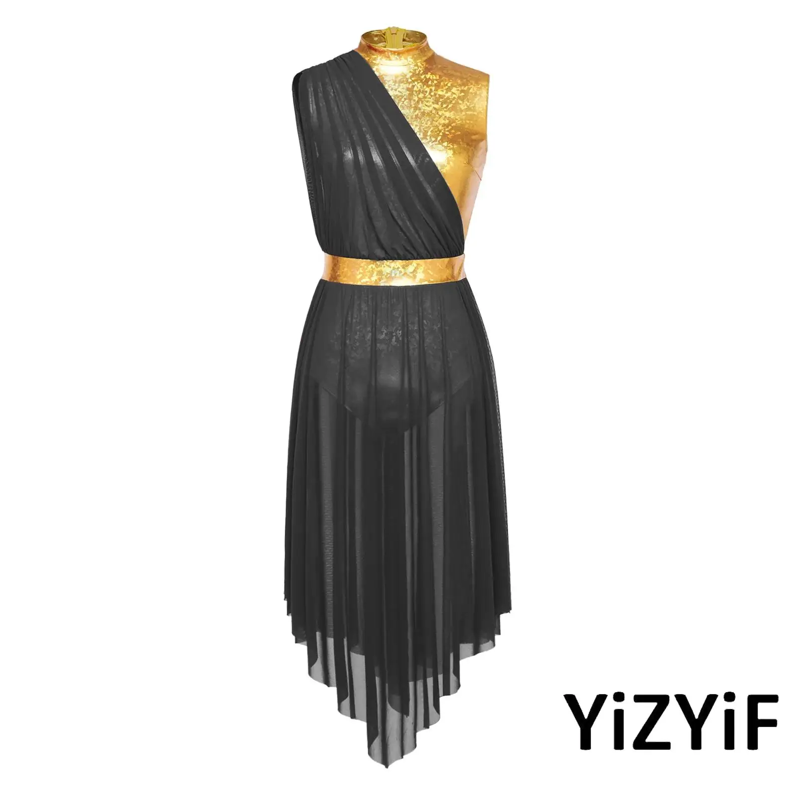 

Womens Liturgical Praise Dance Dress Costume Sleeveless Metallic Leotard Dress Flowy Mesh Hem Bodysuit Lyrical Modern Dancewear