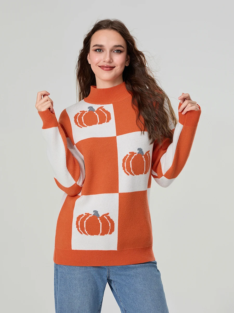 Women s Halloween Pumpkin Sweater Loose Checkerboard Mock Neck Long Sleeve Pullover Knit Tops Casual Streetwear