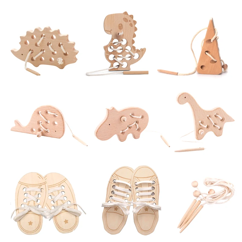 Jouets Montessori en bois pour bébé, planche d'enfilage de hérisson Animal, jouet éducatif en bois de hêtre pour enfants, blocs de perles à boutons, jouets Puzzle