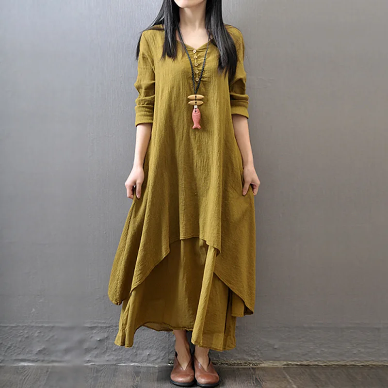 green 2022 new Elegant Cotton Linen Dresses for Women Mori Girl Style Casual Dress Plus Size Loose Long Sleeve Robe Club Outfits