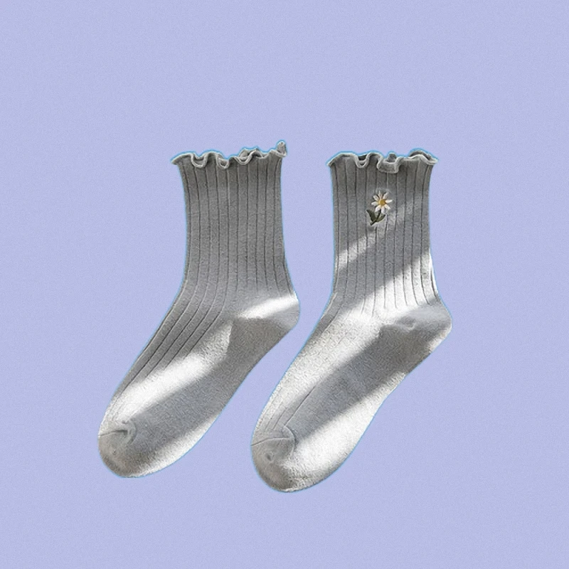 Calcetines de algodón con encaje para mujer, medias informales, transpirables, con borde de oreja de madera, con bordado de flores pequeñas, apilados, 5/10 pares