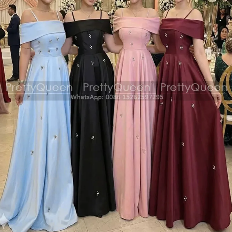 A Line Long Bridesmaid Dresses Spaghetti Off Shoulder Short Sleeves Customized Wedding Party Dress For Women
