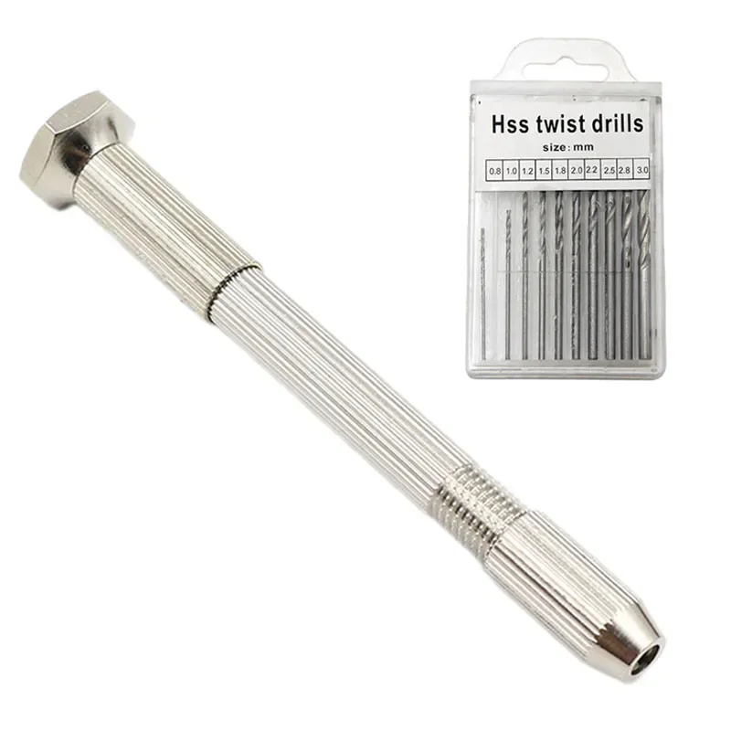 Alça de broca torcida manual de cabeça única com 10 peças 0.8mm-3.0mm brocas diy ferramenta de perfuração para joias de resina de nogueira âmbar