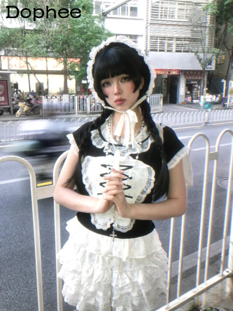 

Японский стиль, оригинальный, милый, сексуальный, кружевной, с коротким рукавом, летний костюм с брюками-тыквами в стиле Y2K, новинка 2026 года