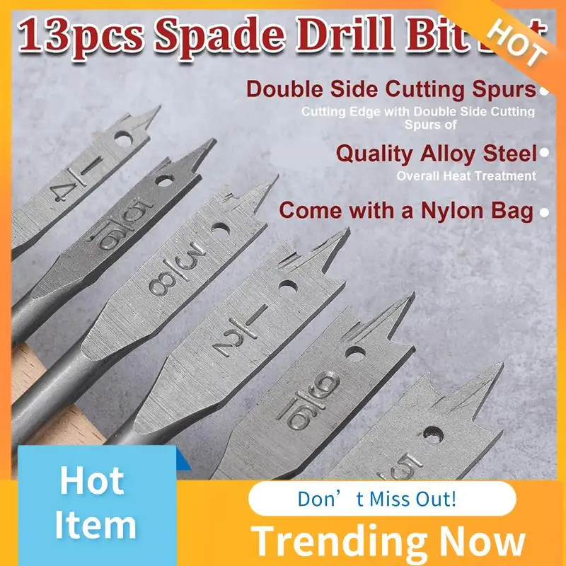 

AB08-13-Piece Spade Drill Bit Sets, Alloy Steel Paddle Flat Bit, Flat Wood Hole Cutter Fit For Woodworking, Assorted Bits
