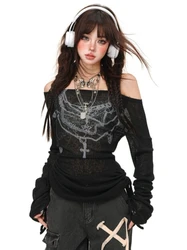 Off Shoulder Tops Women Black Long Sleeve Tee Fashion Tattoo Print Thin Knitwear Korean Style Gothic Shirt Female Grunge Clothes