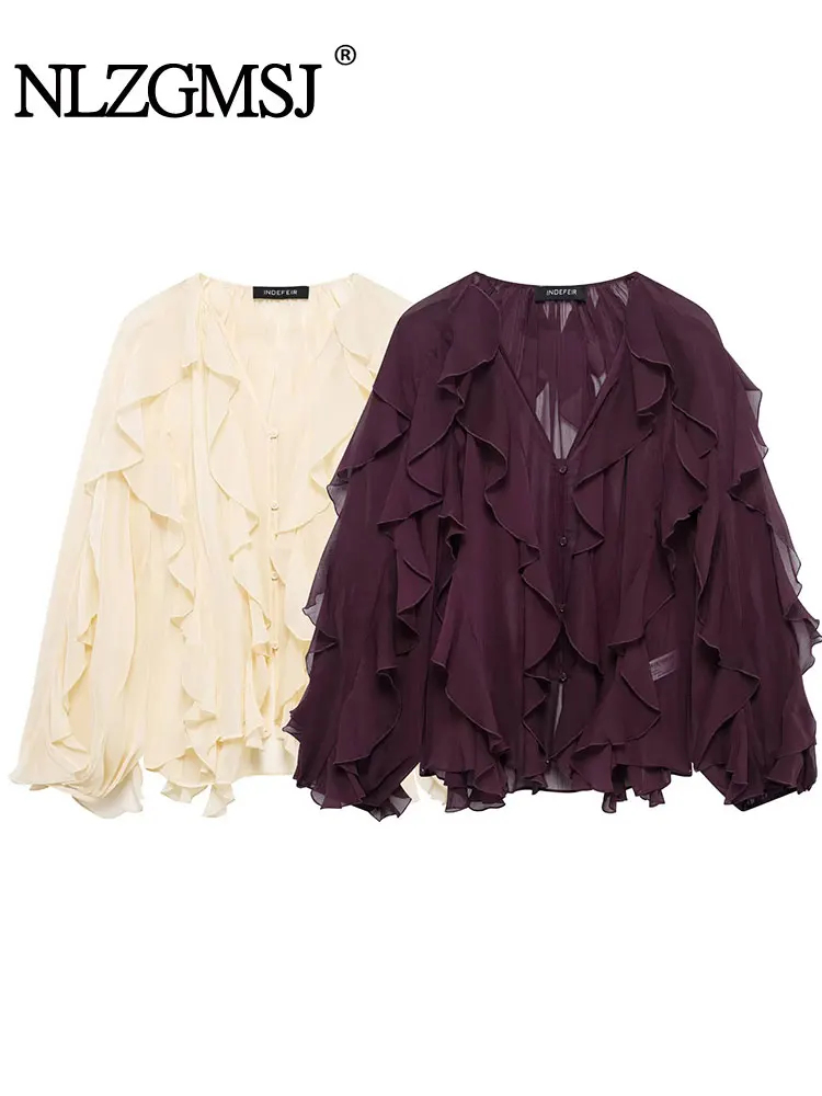 

2025 Spring Women's Ruffles Elegant Shirts Long Sleeve Semi-Transparent Tops For Women Shirt And Blouse Top