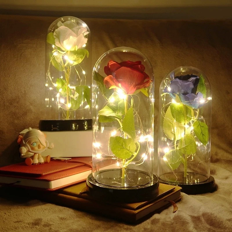 Valentine Gift Beauty and The Beast Preserved Roses In Glass Galaxy Rose Flower LED Light Artificial Flower Gift for Women Girls