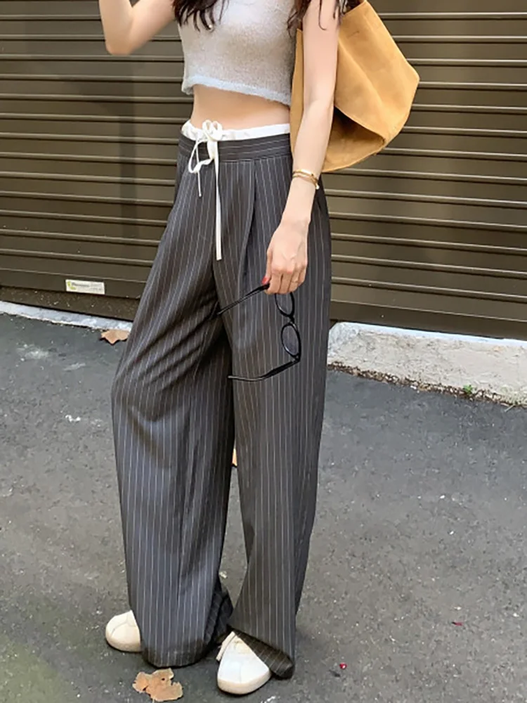 سراويل كلاسيكية مخططة مرقعة عالية الخصر برباط علوي موضة مستقيمة بنطلونات نسائية غير رسمية واسعة الساق فضفاضة Spodnie #3
