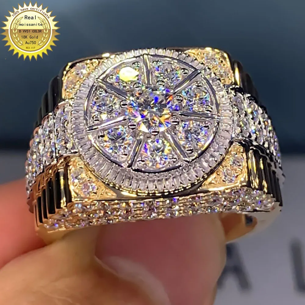 

18K Au750 Yellow Gold Men Ring Moissanite Diamonds Round Square Luxury Wedding Party Engagement Anniversary Ring