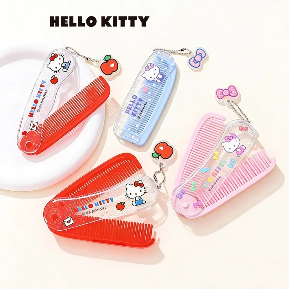 Pentes Dobráveis Mini Sanrio Hello Kitty Originais, Ferramenta de Cuidado Pessoal Portátil para Viagem, Pente Ornamental de Desenho Animado com Chaveiro, Presentes para Amigos