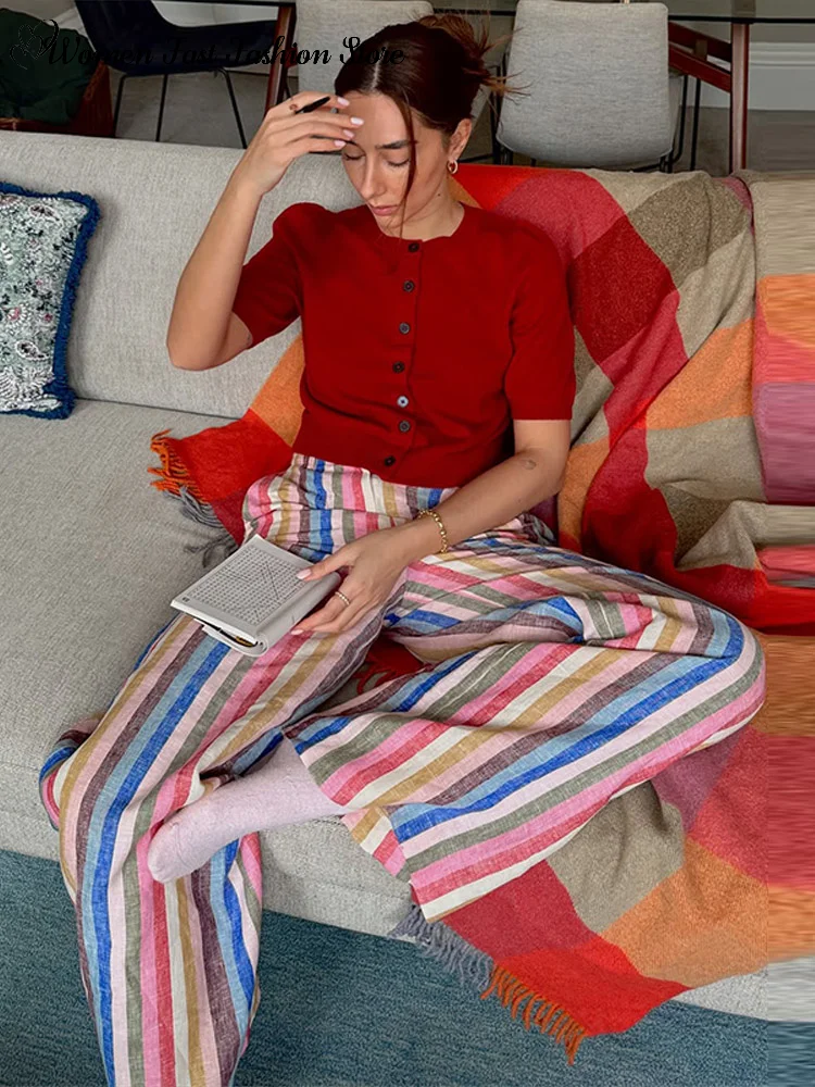 Colorful Striped Long Trousers 2026 Summer New Female Bohemian Style Contrast Color Wide Leg Casual Pants Women's Loose Outwear