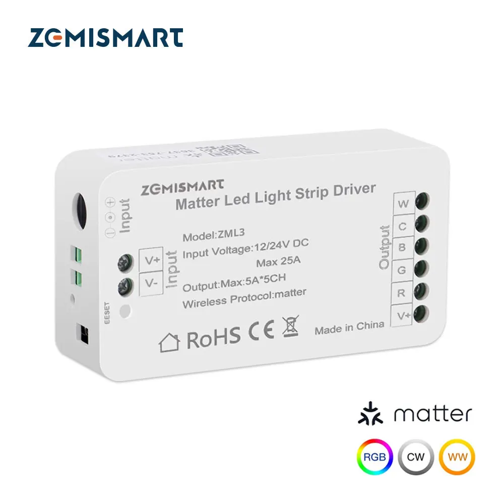 Zemismart Matter Over WiFi Led Strip Light Controller RGBCW Smart Led Driver Support Smartthings Alexa Google Home App Control