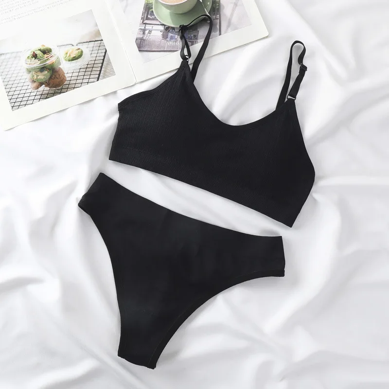 Conjunto de sujetador sin costuras para mujer, lencería Sexy, Tanga de algodón de cintura alta, bragas sin aros, Bralette cómodo, ropa interior