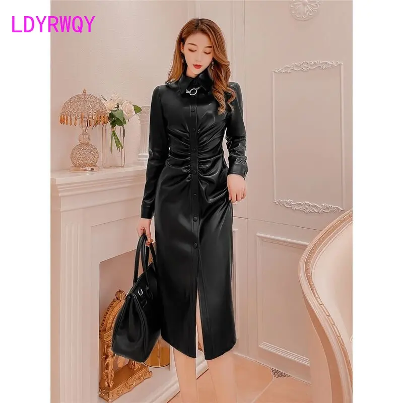 Black PU2023 new style autumn and winter waist closing temperament fashion slim slim bag bottom split dress