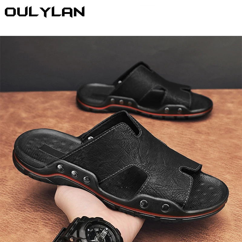 

Шлепанцы мужские из натуральной кожи, мягкая подошва, Удобная Повседневная пляжная обувь, большие размеры, сандалии