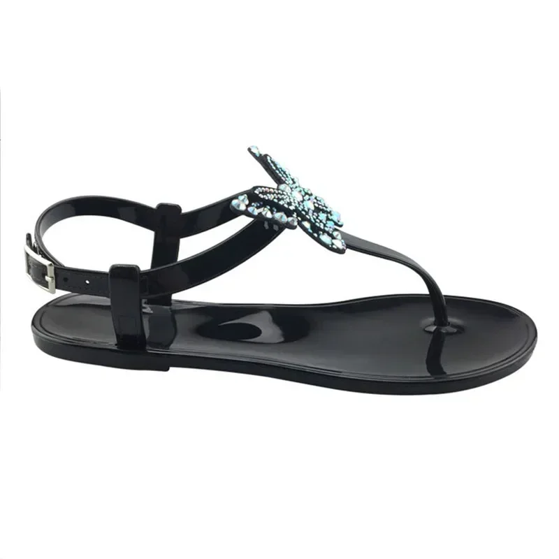 2024 novo verão feminino plana praia brilhando strass borboleta sandálias t-cinta tanga flip flops chinelos sapatos femininos