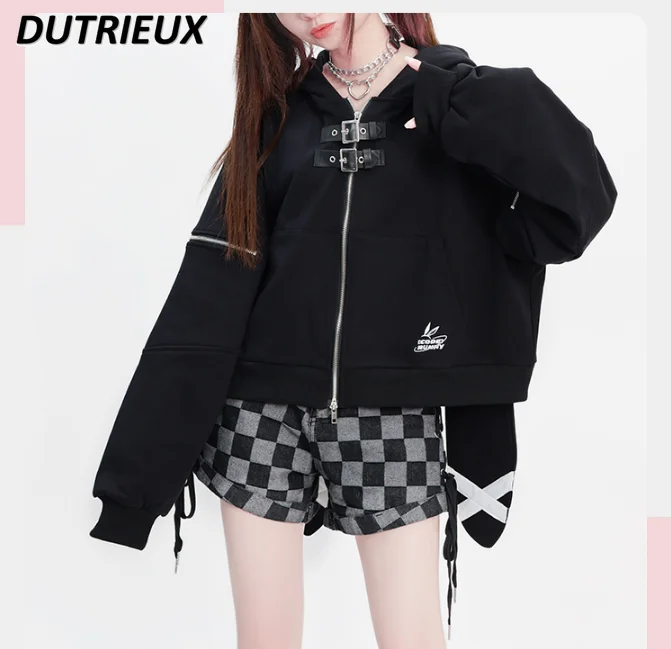 Lolita Cute Rabbit Ears Black Short Hooded Sweatshirt Women\'s Long Sleeve Spring Autumn Zip Up Oversized Hoodies Coat Cardigan