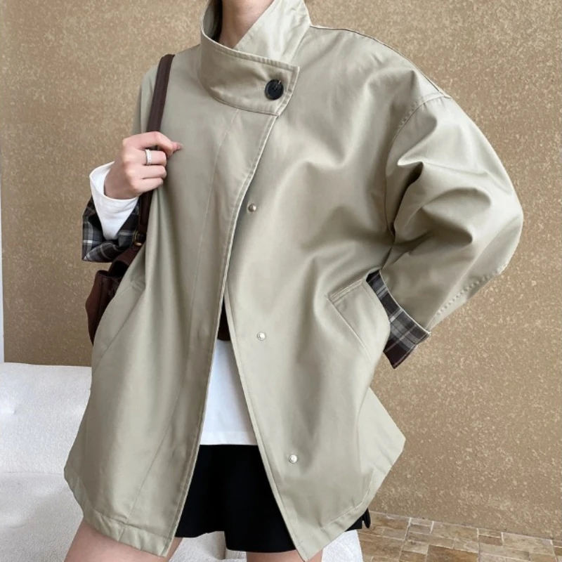 معاطف واقٍ من المطر سترات منقوشة للنساء لجيب مقسم اللون وياقة واقفة وأكمام طويلة واحدة الصدر فضفاضة تناسب خريف 2025 #1