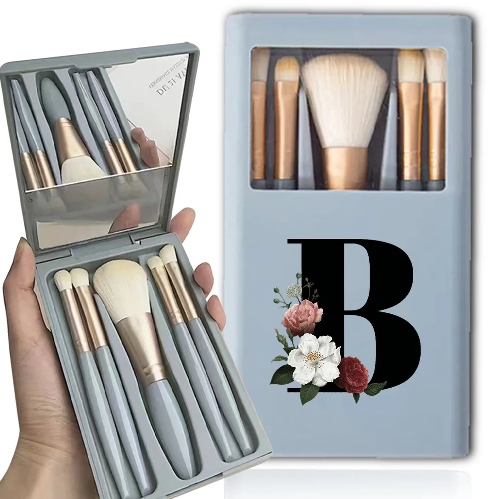 5-delige lange make-upborstelset met spiegelorganizerkoffer Multifunctioneel duurzaam cosmetisch gezichtsschoonheidshulpmiddelen Zwart bloemmotief