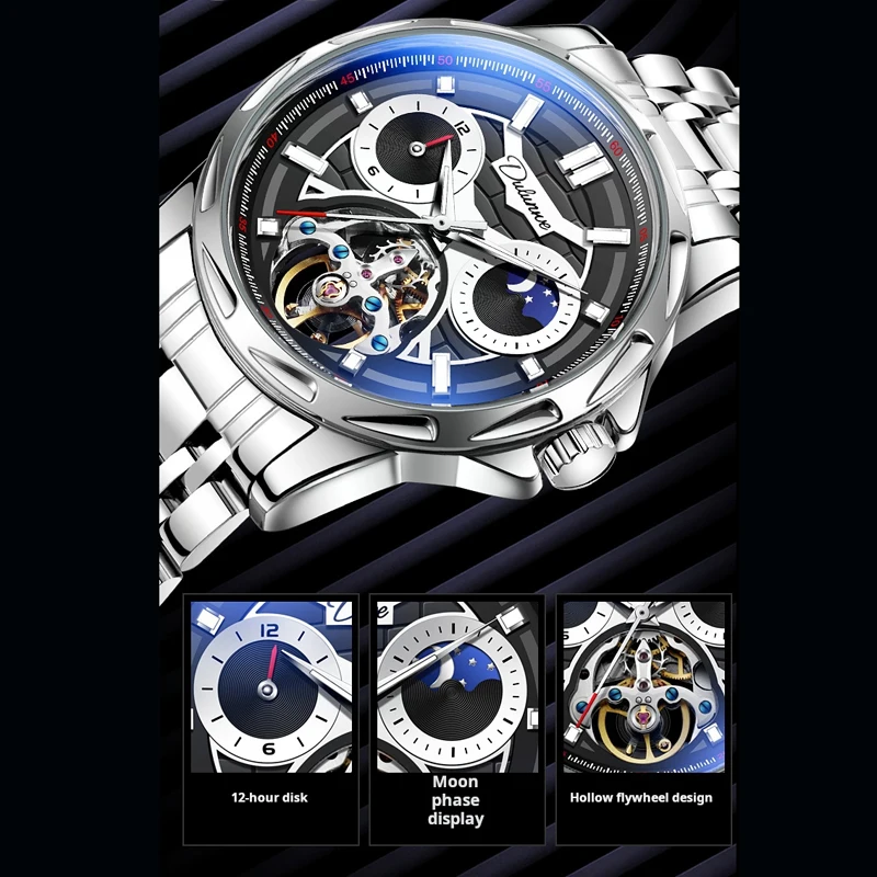 NEW Tourbillon Skeleton Mens Watches Top Brand Luxury Moon Phase 12 Hours Automatic Mechanical Watch Stainless Steel Belt